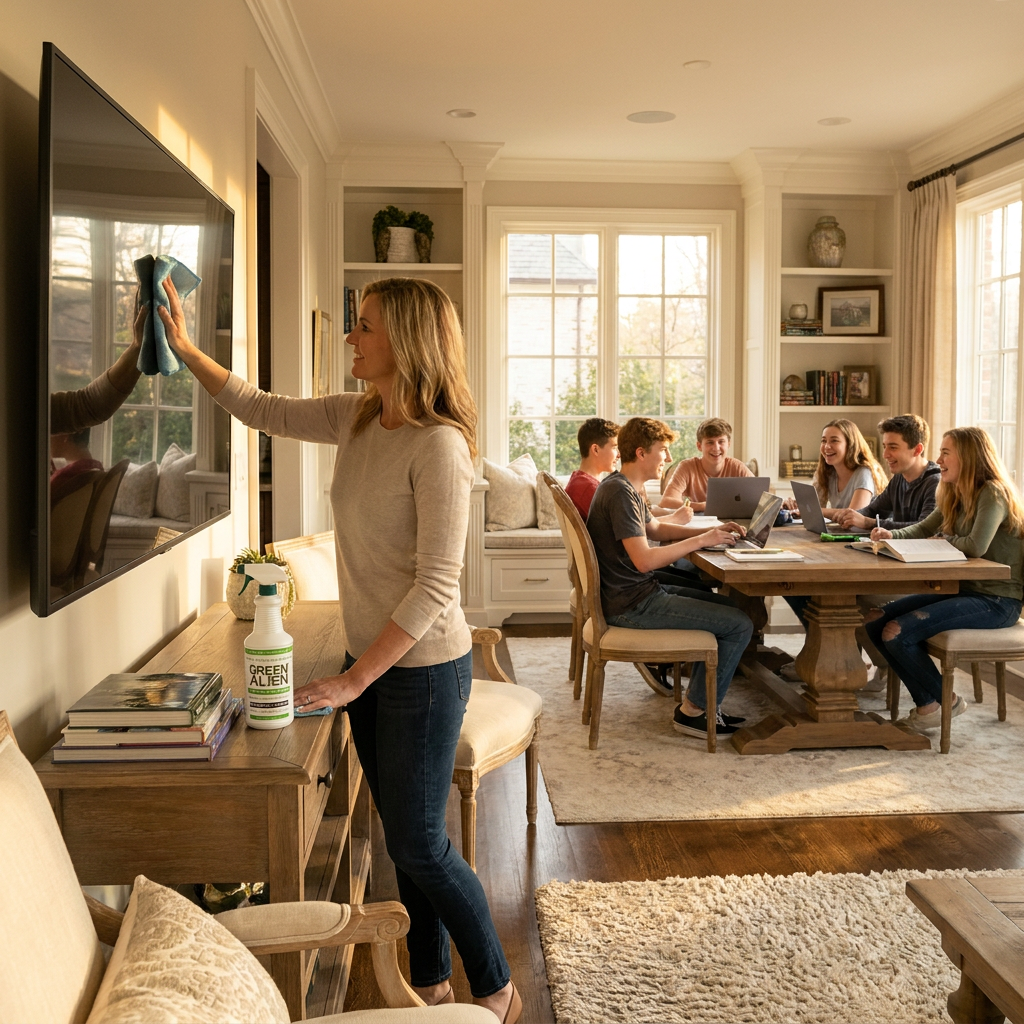 A woman cleaning a television screen with a cloth in a bright living room, while a group of teenagers works together at a dining table in the background.