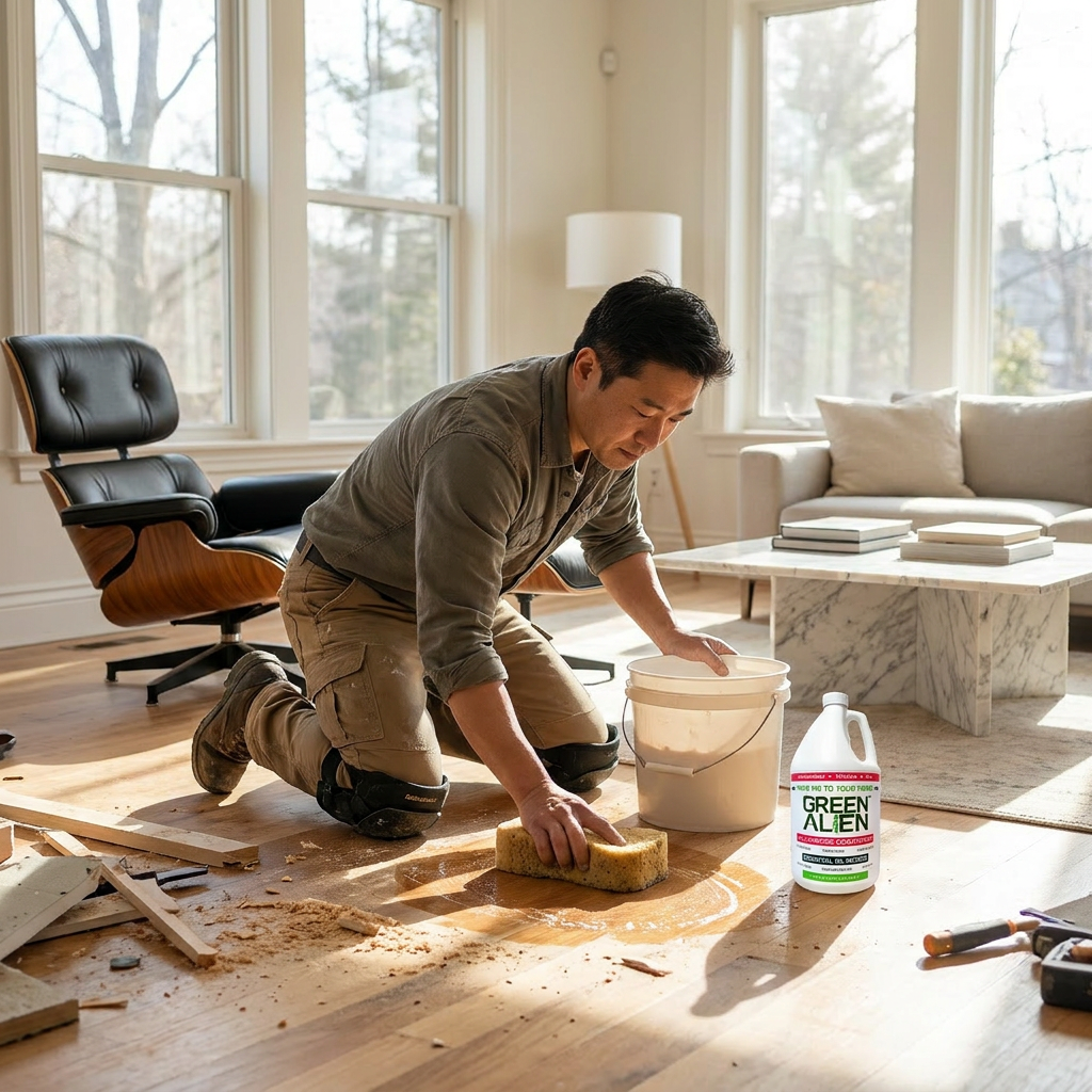 A man kneeling on the floor, cleaning a wooden surface with a sponge and a bucket nearby, while renovation materials are scattered around. A bottle of 'Green Alien' cleaning product is visible on the floor.